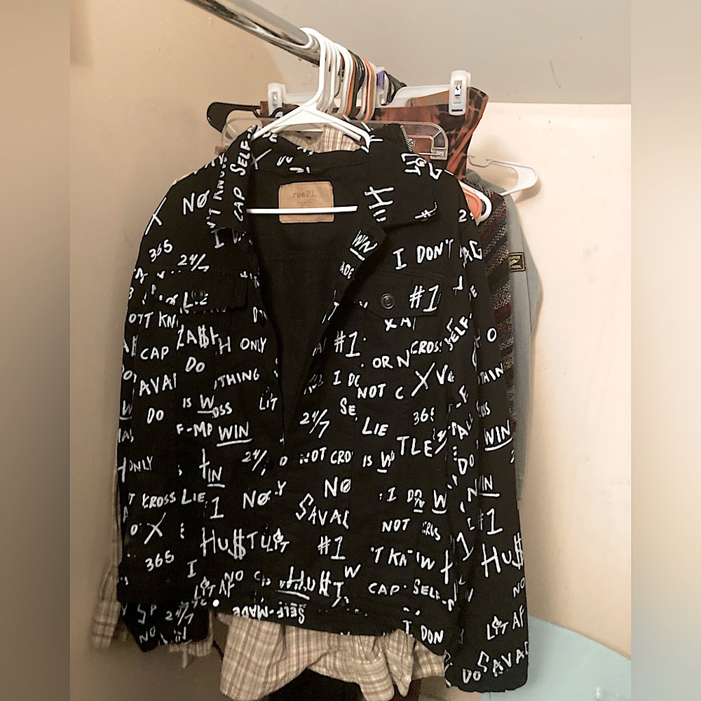 Rue21~Large, Black, Graffiti/Slang Print Denim Jacket